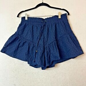 Julie Brown New York Navy Blue Eyelet Ruffle Shorts Smocked Waist Womens Large